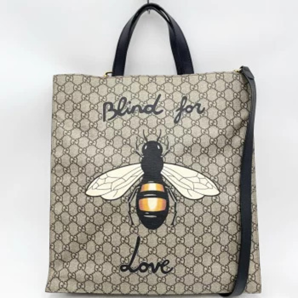 Gucci GG Supreme Bee Tote Bag Leather Shoulder Bag Beige Tan